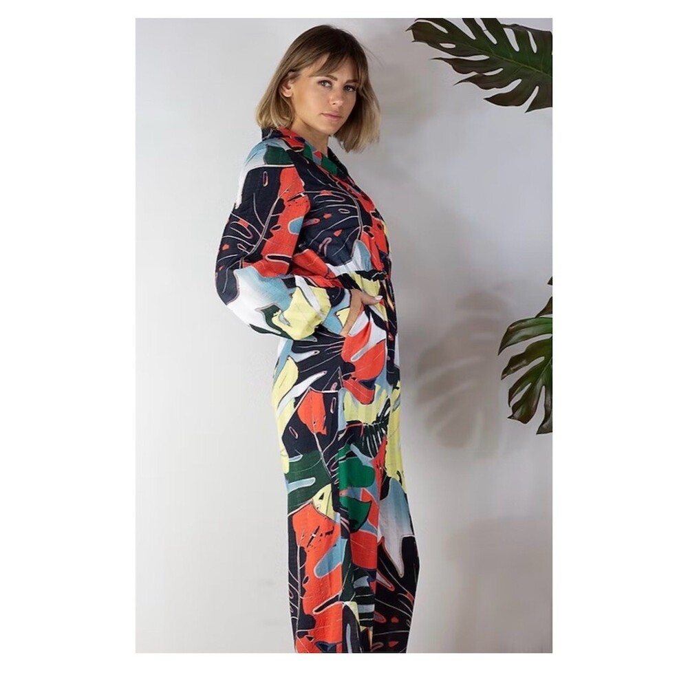 MULLA Jumpsuit Womens Size M Tropical Leaf Print Wide-Leg Tie Waist NWT - Picture 3 of 6